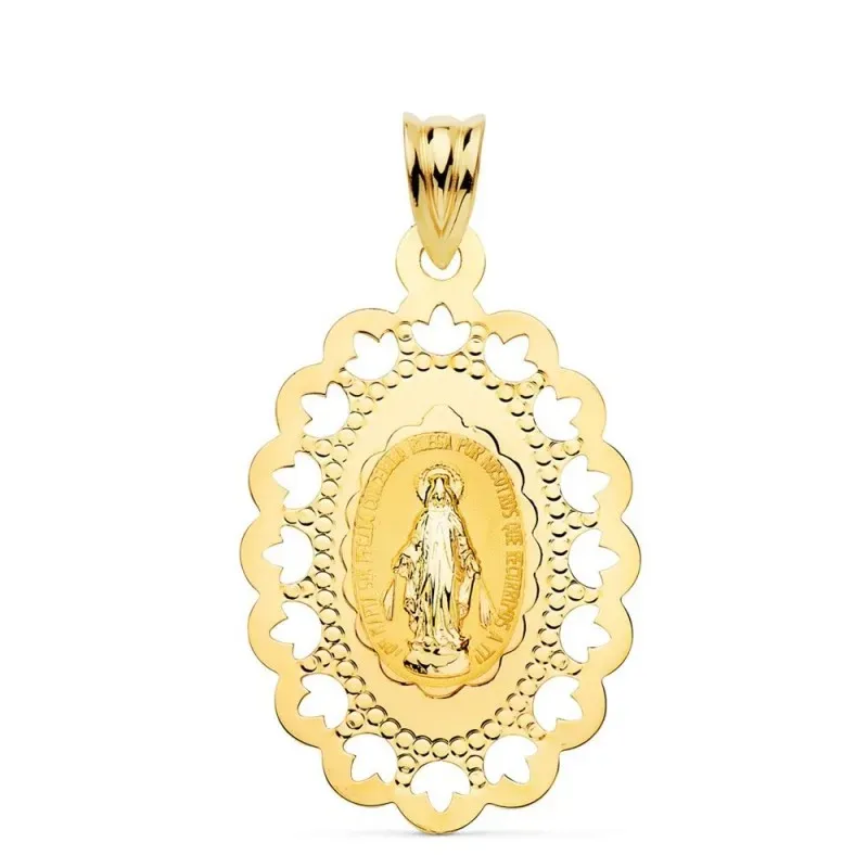 Virgen Milagrosa Medalla Oro 18k unisex 34 mm. cerco calado. Grabació