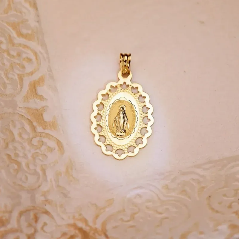 Virgen Milagrosa Medalla Oro 18k unisex 34 mm. cerco calado. Grabació