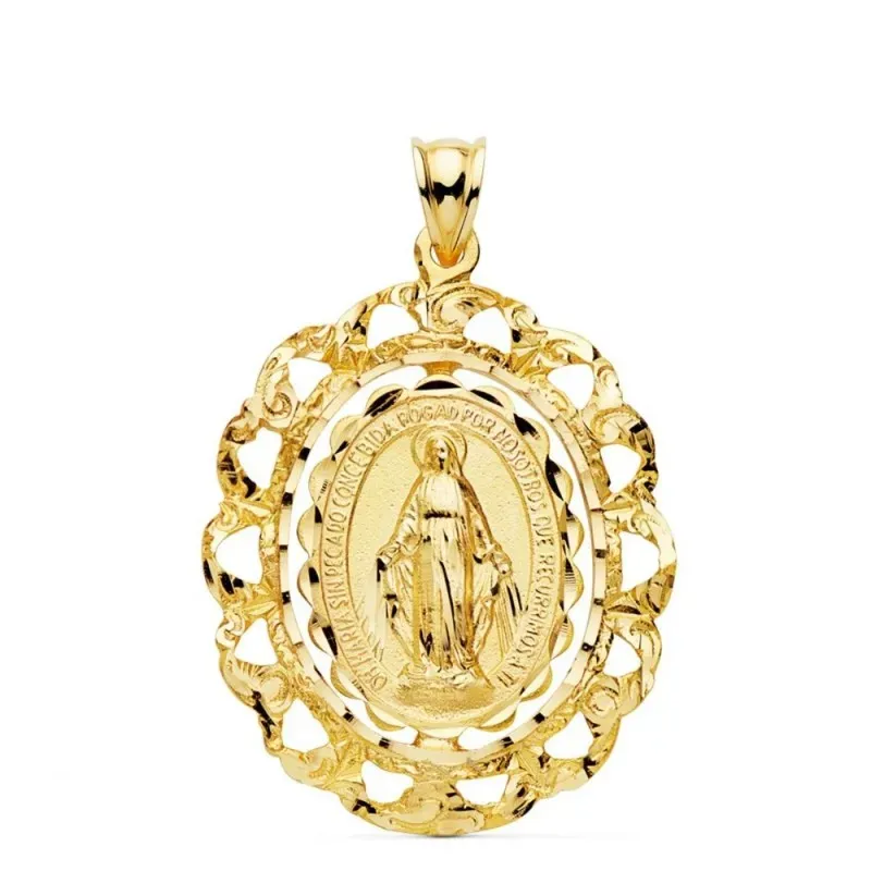 Virgen Milagrosa Medalla Oro 18k unisex 30 mm. cerco filigrana calado