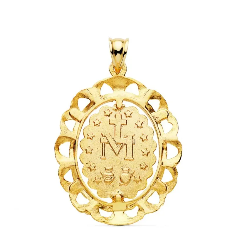 Virgen Milagrosa Medalla Oro 18k unisex 30 mm. cerco filigrana calado