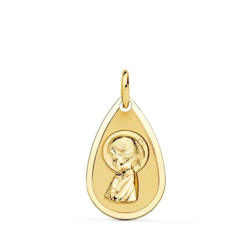 Virgen Niña Primera Comunión Medalla Oro 18k niña 19 mm. forma gota b