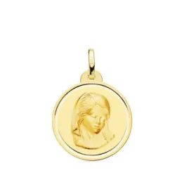 Virgen Niña Primera Comunión Medalla Oro 18k redonda 20 mm. bisel lis