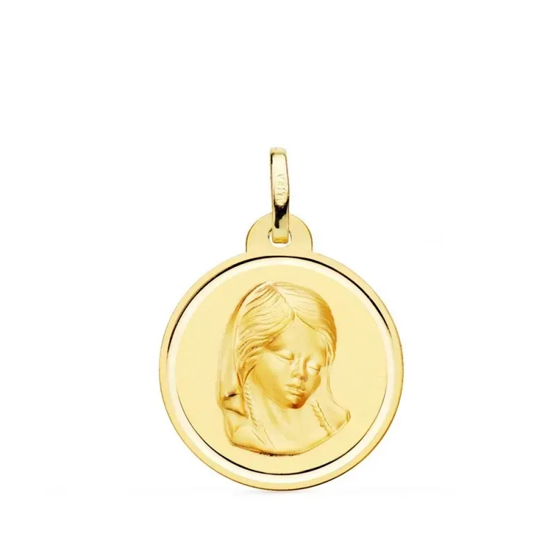 Virgen Niña Primera Comunión Medalla Oro 18k redonda 20 mm. bisel lis