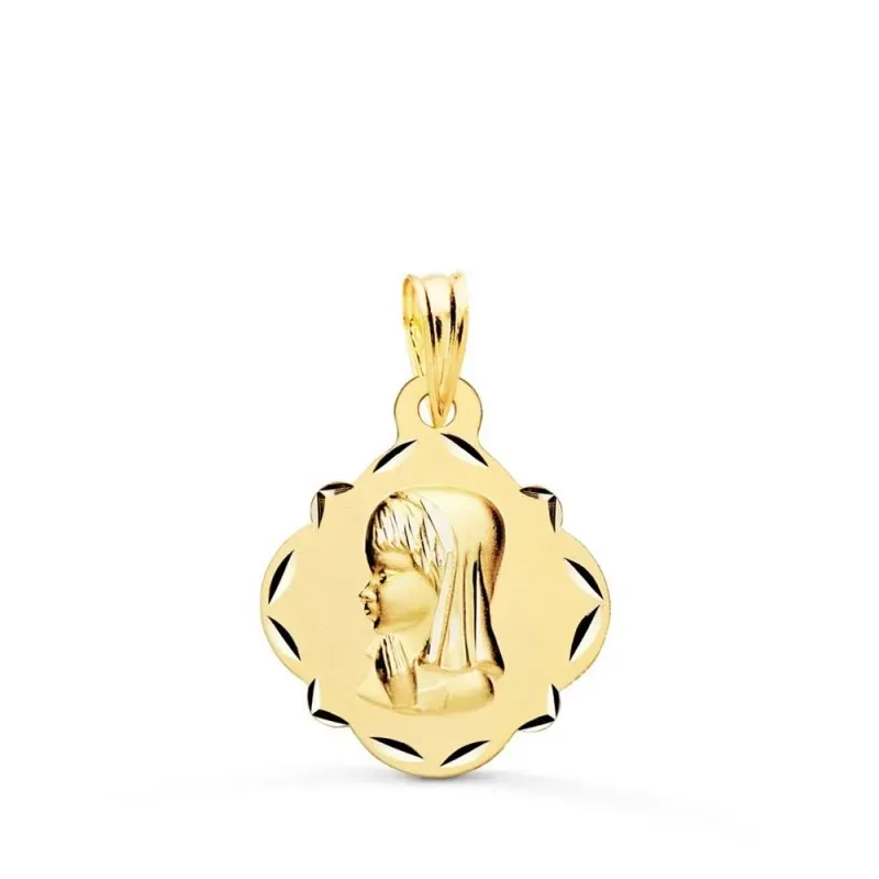 Virgen Niña Medalla Primera Comunión Oro 9k pandereta 19 mm. tallada