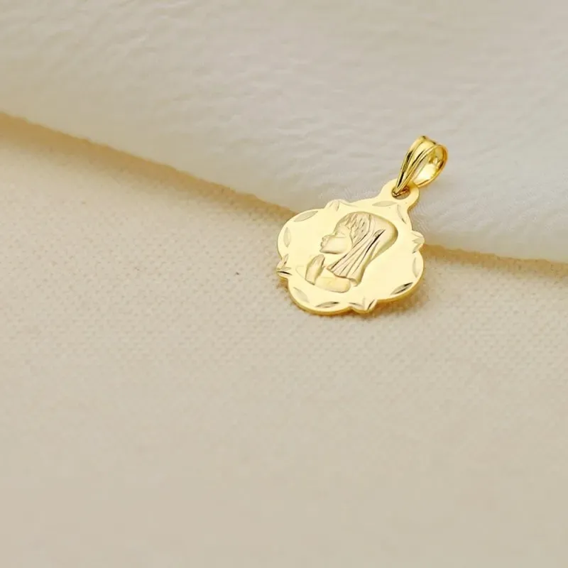 Virgen Niña Medalla Primera Comunión Oro 9k pandereta 19 mm.. Grabaci