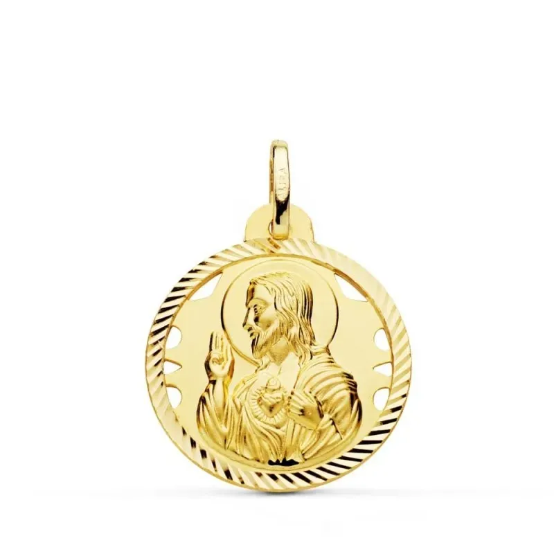 Cristo Sagrado Corazón de Jesús Medalla Oro 18k hélice 22 mm.. Grabac