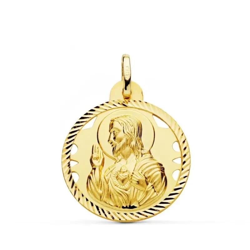 Cristo Sagrado Corazón de Jesús Medalla Oro 18k hélice 24 mm.. Grabac
