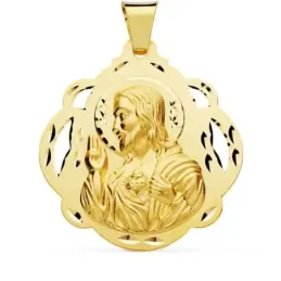 Cristo Sagrado Corazón de Jesús Medalla Oro 18k forma pandereta 42 mm