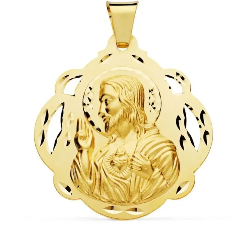 Cristo Sagrado Corazón de Jesús Medalla Oro 18k pandereta 42 mm.. Gra