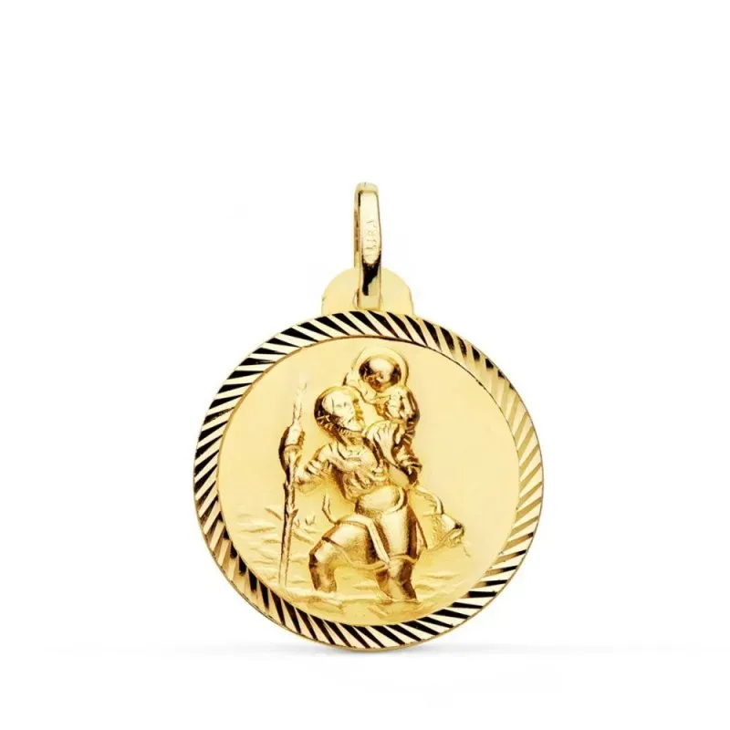 San Cristóbal Medalla Oro 18k unisex 22 mm. borde hélice. Grabación i