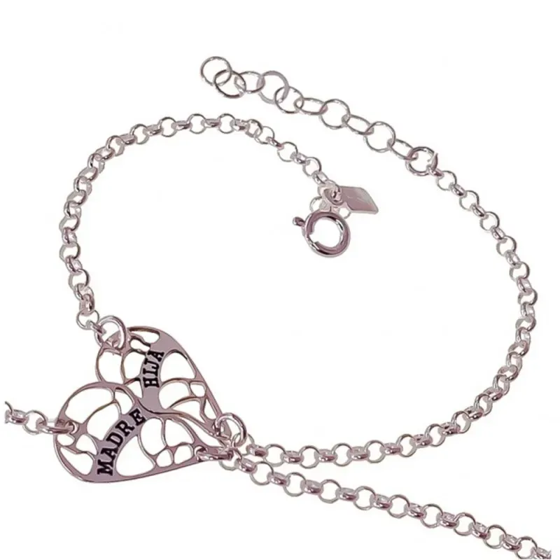Pulsera Doble Plata Ley 925m mujer 17 cm. corazón calado mensaje MADR