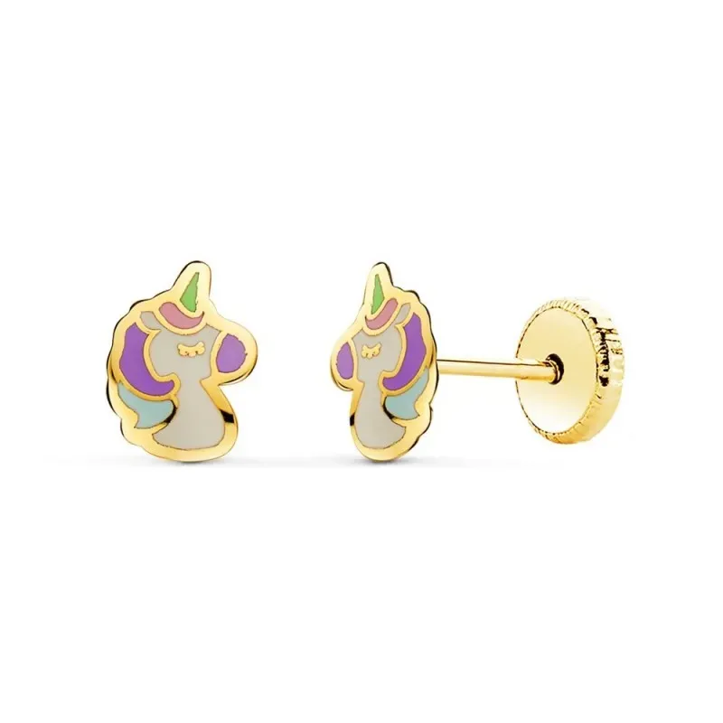 Pendientes Oro 18k niña 7.5 mm. forma unicornio esmaltado colores com