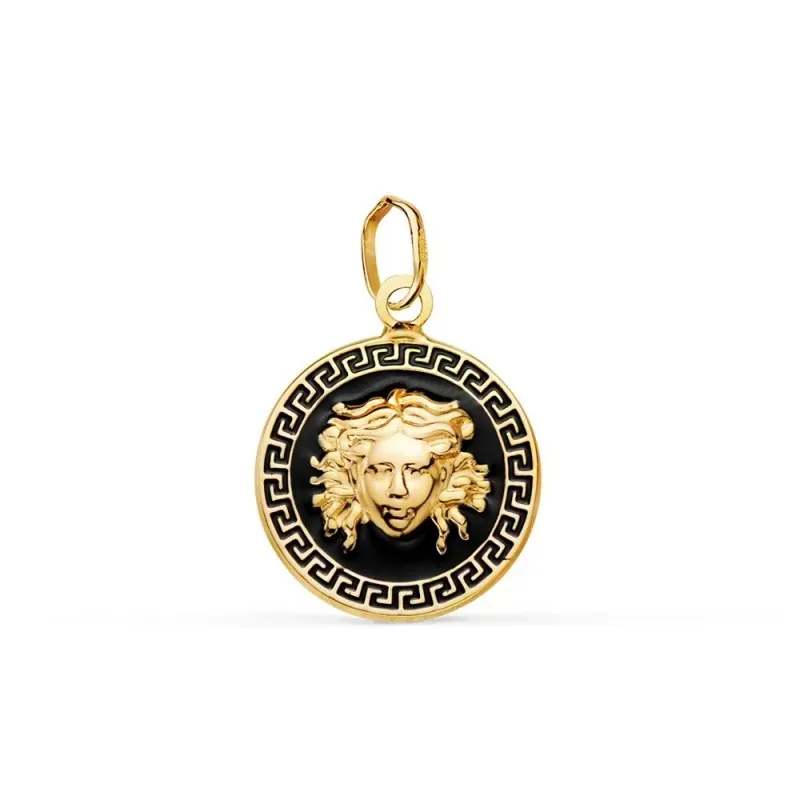 Colgante Oro 18k 15 mm. detalle medusa centro borde greca esmaltado n