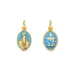 Virgen Milagrosa Medalla Oro 18k mujer 16 mm. esmaltada color azul