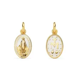 Virgen Milagrosa Medalla Oro 18k mujer 16 mm. esmaltada color blanco