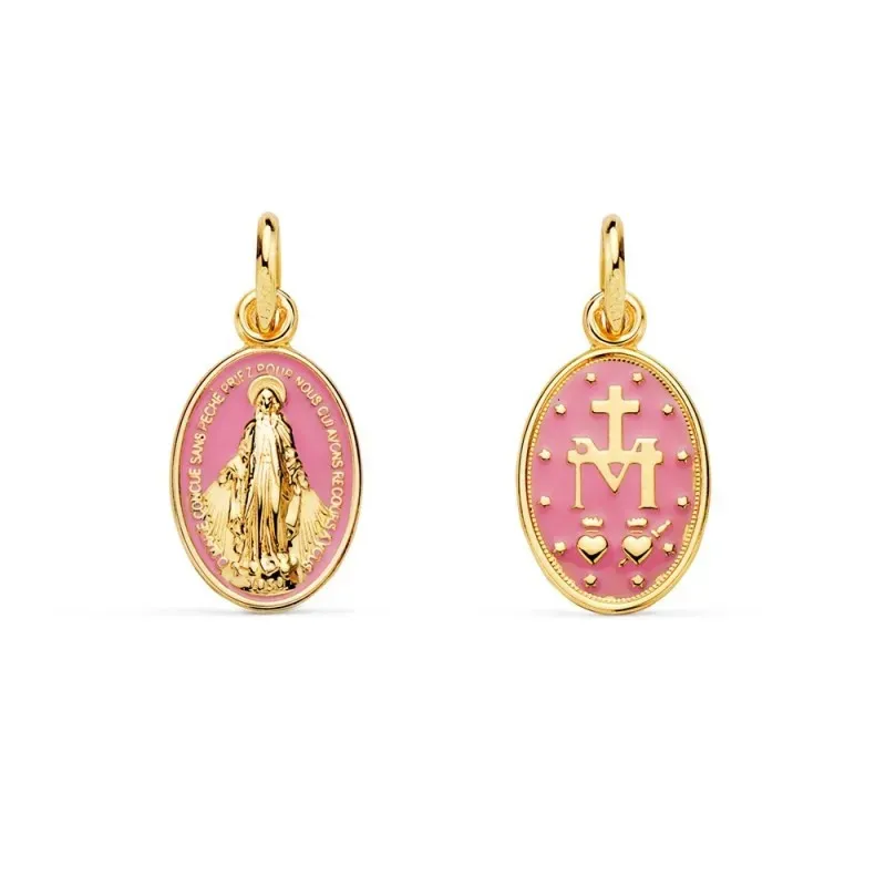 Virgen Milagrosa Medalla Oro 18k mujer 16 mm. esmaltada color rosa