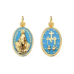 Virgen Milagrosa Medalla Oro 18k mujer 20 mm. esmaltada color azul