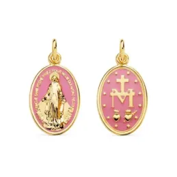 Virgen Milagrosa Medalla Oro 18k mujer 20 mm. esmaltada color rosa