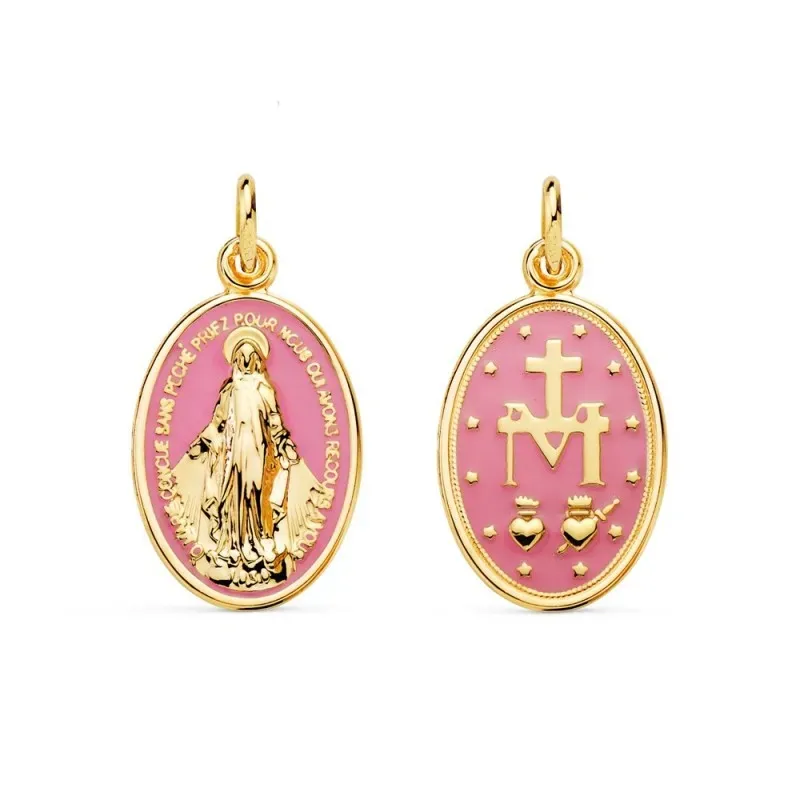 Virgen Milagrosa Medalla Oro 18k mujer 20 mm. esmaltada color rosa
