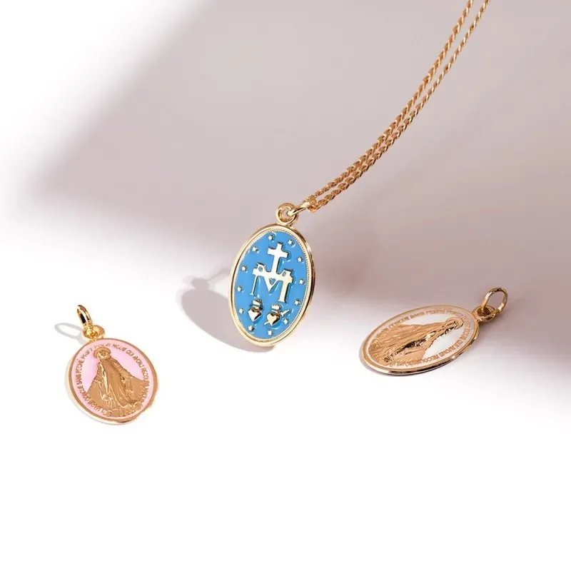 Virgen Milagrosa Medalla Oro 18k mujer 20 mm. esmaltada color rosa