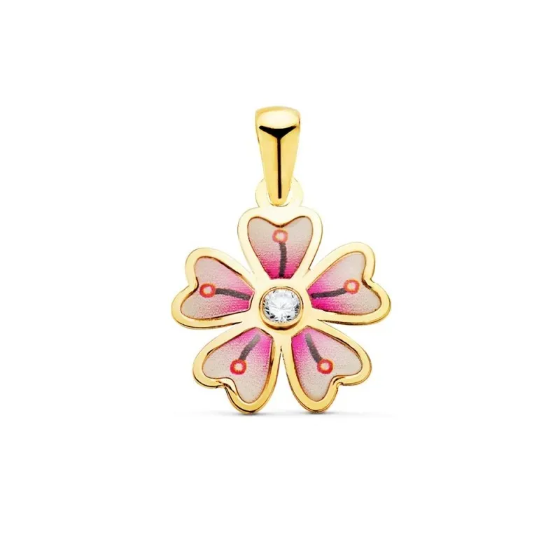 Colgantes Oro 18k mujer 13 mm. flor cinco pétalos esmaltados color ci