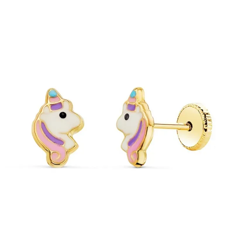Pendientes Oro 18k niña 8 mm. forma unicornio esmaltado colores combi