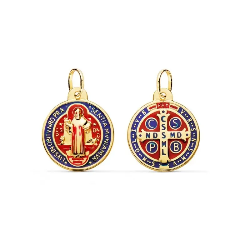 San Benito Medalla Oro 18k 20 mm. esmaltado color azul combinado rojo
