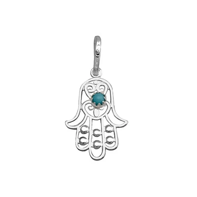 Colgante plata ley 925m 20mm. mano Fátima piedra color azul mujer