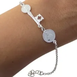 Llave San Benito Pulsera Plata Ley 925m 17 cm. cadena rolo 2 mm. meda