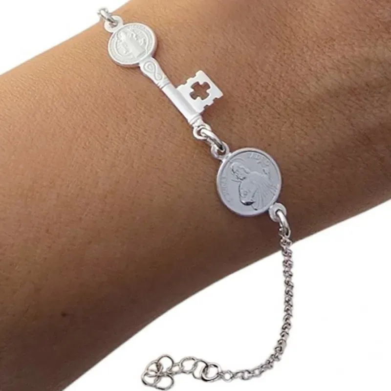 Llave San Benito Pulsera Plata Ley 925m 17 cm. cadena rolo 2 mm. meda