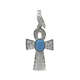 Cruz plata ley 925m egipcia de la vida 27mm. piedra azul [AA9819]