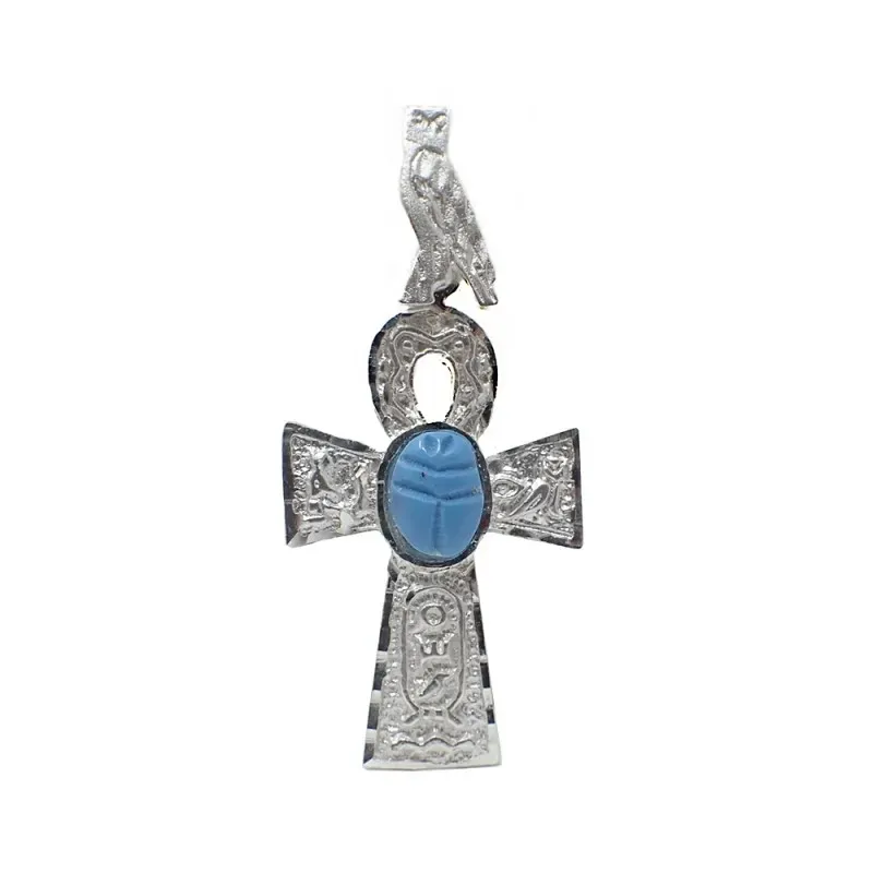 Cruz plata ley 925m egipcia de la vida 27mm. piedra azul [AA9819]