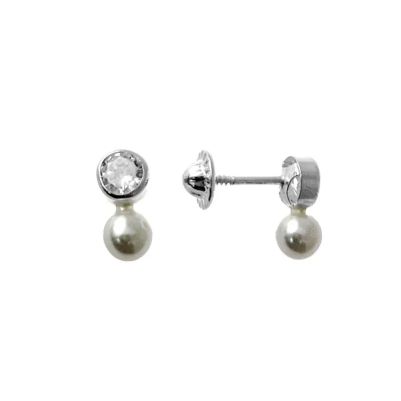 Pendientes plata Ley 925m infantil 8mm. tu y yo perla chatón circonita cierre tuerca