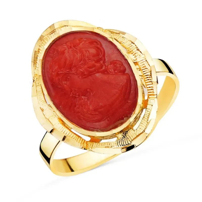 Sortija Camafeo Coral en Oro de 18k cabeza ovalada de 19 x 14 mm. y c