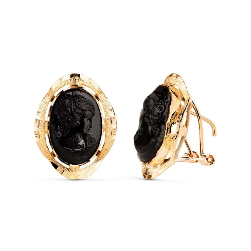 Pendientes Camafeo Negro en Oro de 18k para mujer de 19 mm. y con cer