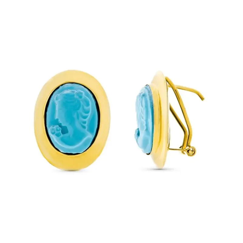 Pendientes Camafeo Turquesa en Oro de 18k con cerco liso
