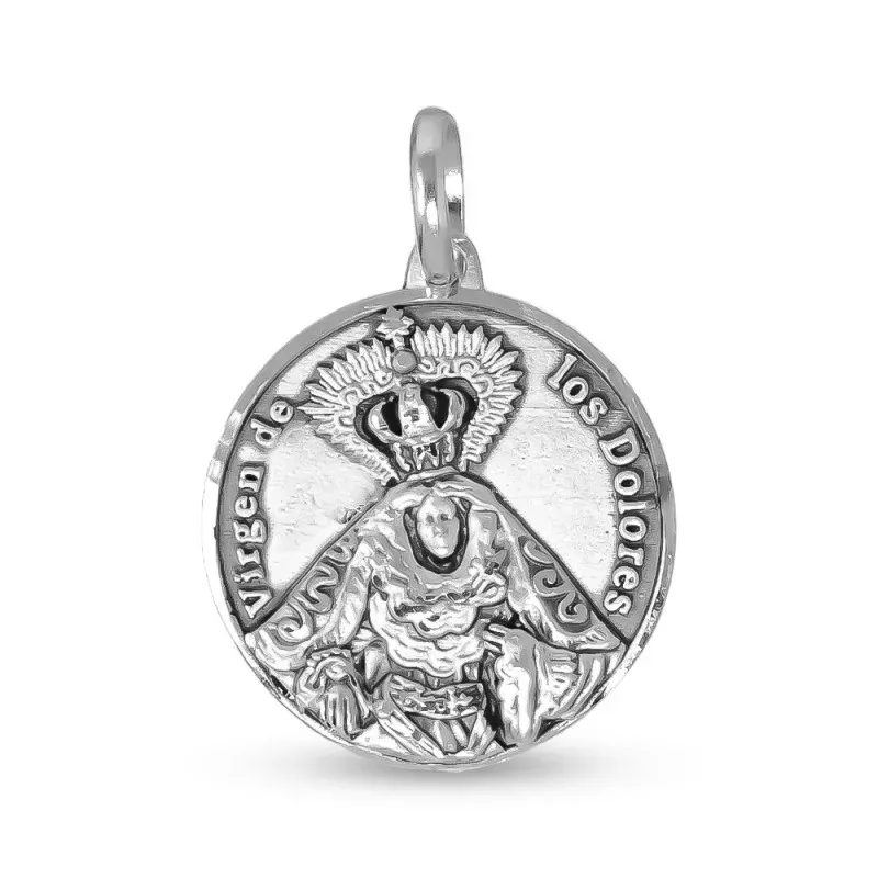 Virgen de los Dolores Medalla Plata Ley 925m maciza 22 mm.. Grabación