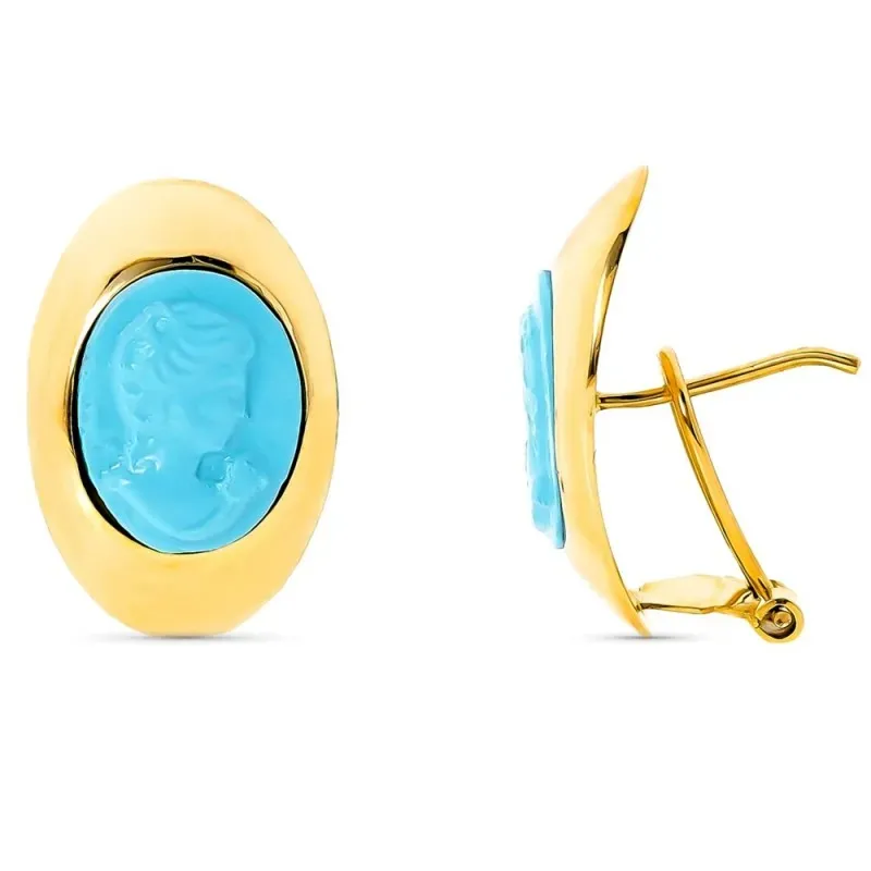 Pendientes oro 18k camafeo turquesa reconstituida 20mm. oval cierre o