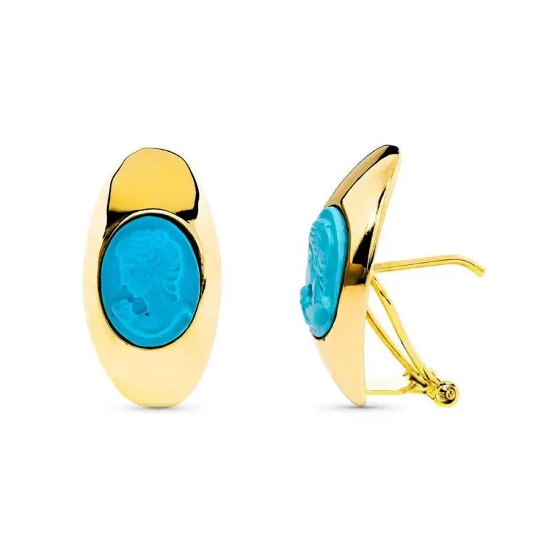 Camafeo Pendientes Oro 18k mujer ovalados turquesa