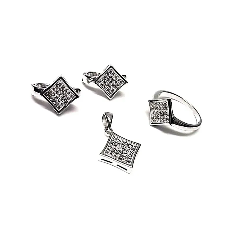 Juego plata Ley 925m rodiado microengaste circonita cuadrado [AB0852]