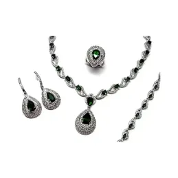 Juego plata Ley 925m rodiado liso piedras verde circonita [AB0866]