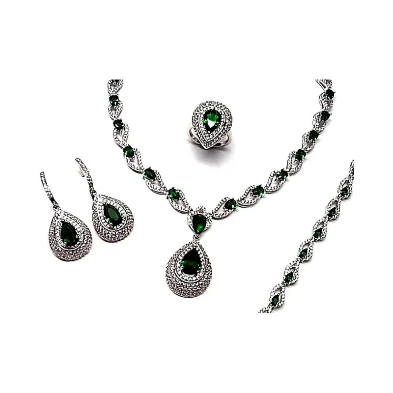 Juego plata Ley 925m rodiado liso piedras verde circonita [AB0866]