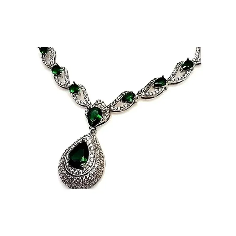 Juego plata Ley 925m rodiado liso piedras verde circonita [AB0866]