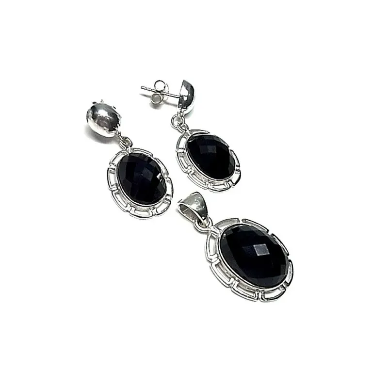 Juego plata Ley 925m piedra onix facetado [AB0893]