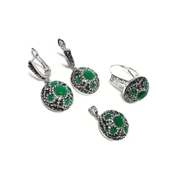 Juego plata Ley 925m completo piedras verde redondo [AB0901]