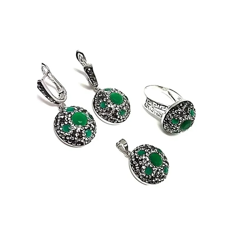 Juego plata Ley 925m completo piedras verde redondo [AB0901]