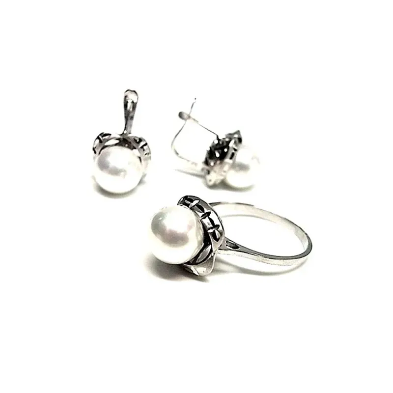 Juego plata Ley 925m liso rodiado tallado perla [AB0912]