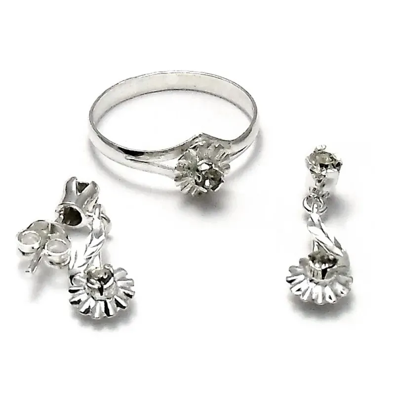 Juego plata ley 925m pendientes sortija talla 16 flor circón [AB3837]