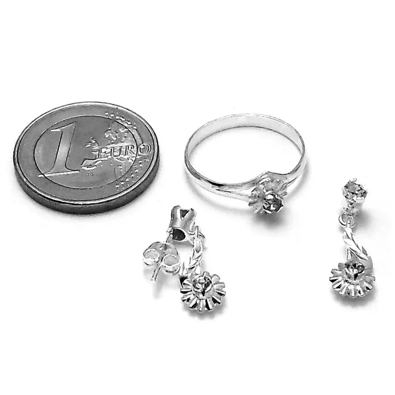 Juego plata ley 925m pendientes sortija talla 16 flor circón [AB3837]