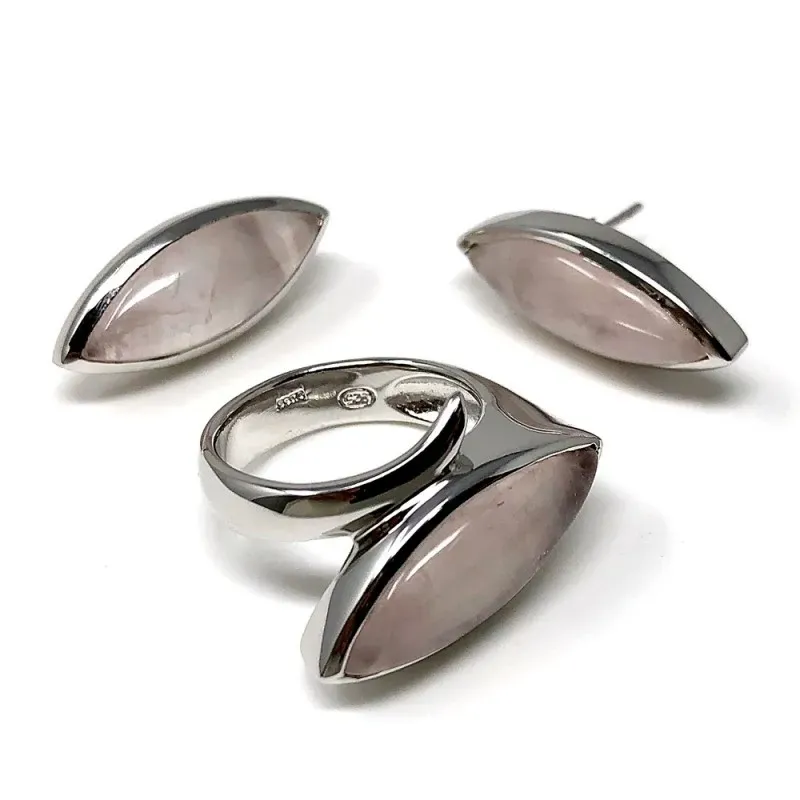 Juego plata Ley 925m motivo oval rosa anillo talla 16  [AB9086]